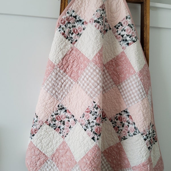 Baby Girl Quilt - Handmade - Floral, Pink, Beige and Blush Colors with Gingham & Roses