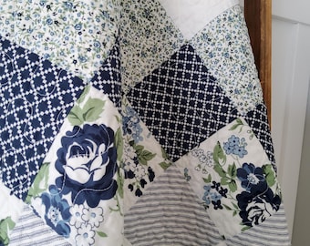 Handmade Floral Baby Quilt: Navy Blue & White Patchwork, 100% Cotton Dwell Fabric, Heirloom Keepsake
