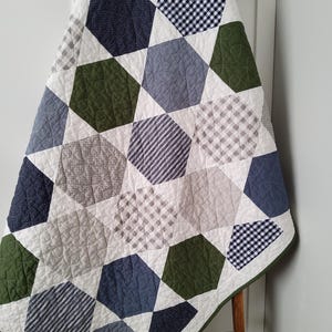 Handmade Baby Boy Quilt: Modern Hexagon Patchwork Design, Farmhouse Style, Heirloom Keepsake