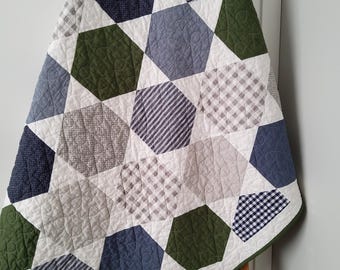 Handmade Baby Boy Quilt: Modern Hexagon Patchwork Design, Farmhouse Style, Heirloom Keepsake