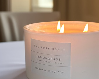 Lemongrass Aromatherapy Candle: Large 3-Wick Soy Candle, Handmade in London
