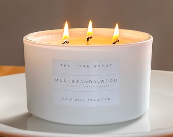 Musk and Sandalwood Soy Candle, large 3 wick candle, handmade in London, minimalist candle, homemade gifts, housewarming gifts, candle