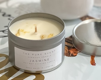 Jasmine Soy Candle in a tin, handmade in London, homemade candle, natural candle, scented candle, soy wax candle, homemade gift, home decor