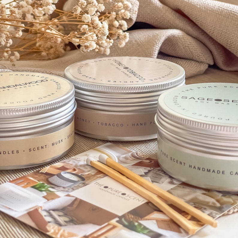 3 Wick Soy Candle in a Tin, handmade in London, decorative candles, housewarming gifts, colourful candles, candle gifts, gifts for her Woody: 3 Candle Set