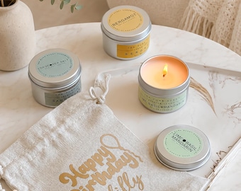 Personalised Mini Soy Wax Candle Trio Gift Set, Custom Bag