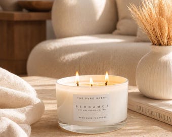 Large Bergamot Handmade Soy Candle | 3 Wick Aromatherapy, Pure Essential Oil, UK