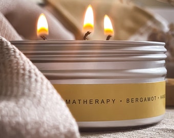 Bergamot 3 Wick Soy Scented Candle in a Tin, handmade in London, aromatherapy candles, uplifting candle, gift for her, soy wax candle