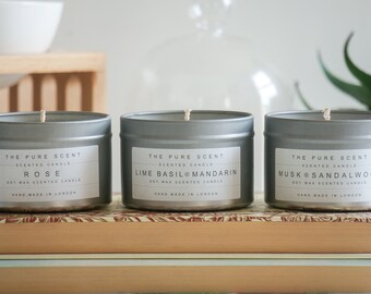 Buy 2 get 1 Free Pure Soy Candles in a Tin, Rose, Lime Basil Mandarin, Musk and Sandalwood, handmade in London, soy wax candle, home decor