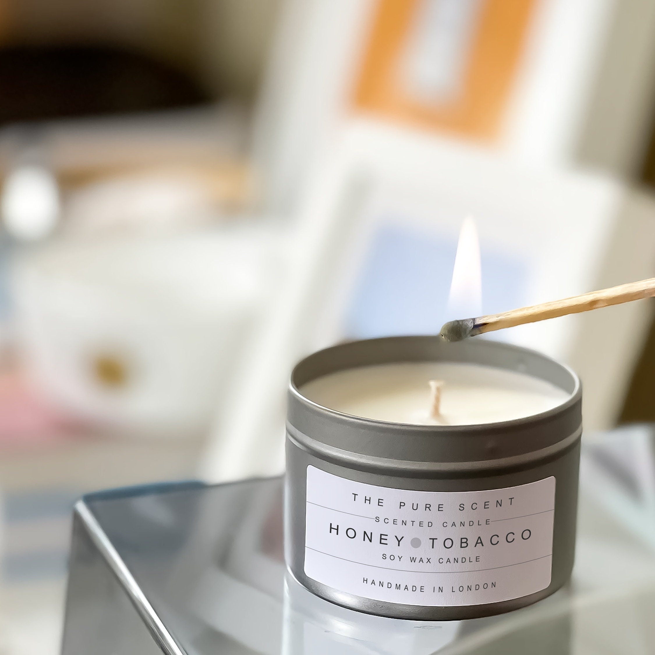 Honey & Tobacco Soy Candle in a Tin, Handmade in London, Homemade Candle,  Natural Candle, Scented Candle, Soy Wax Candle, Homemade Gift 
