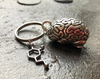 3D-Schlüsselanhänger mit Gehirn und Dopamin-Neurotransmitter // Neurowissenschaften // Biologie // Anatomie // Psychologie