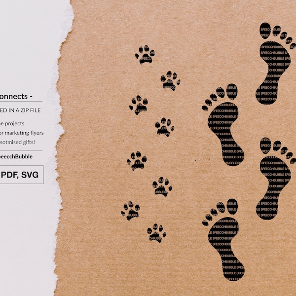 Footprints and paw prints walking together svg, footprints svg, paw prints svg, human and dog prints, vector by SpeechBubble ID200038