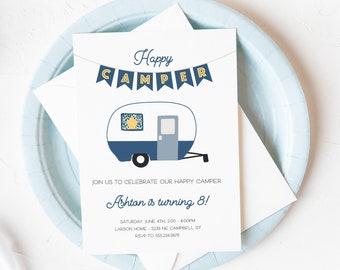 Happy Camper invitation, Blue birthday party invites, Camping party decorations, Camping birthday theme, Digital invitations email or text