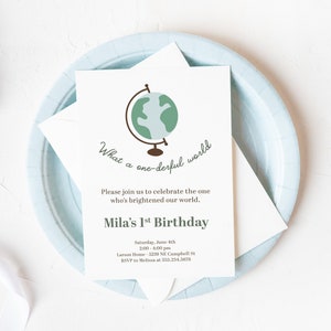 1st birthday invitation, First birthday party invite, Globe invitation, Travel themed Onederful world party, Printable invitations digital