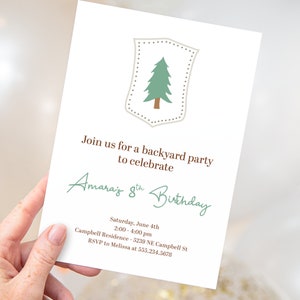 Tree invitation, Nature themed party, Kids backyard birthday party, Printable birthday invitation card, Digital download invite editable