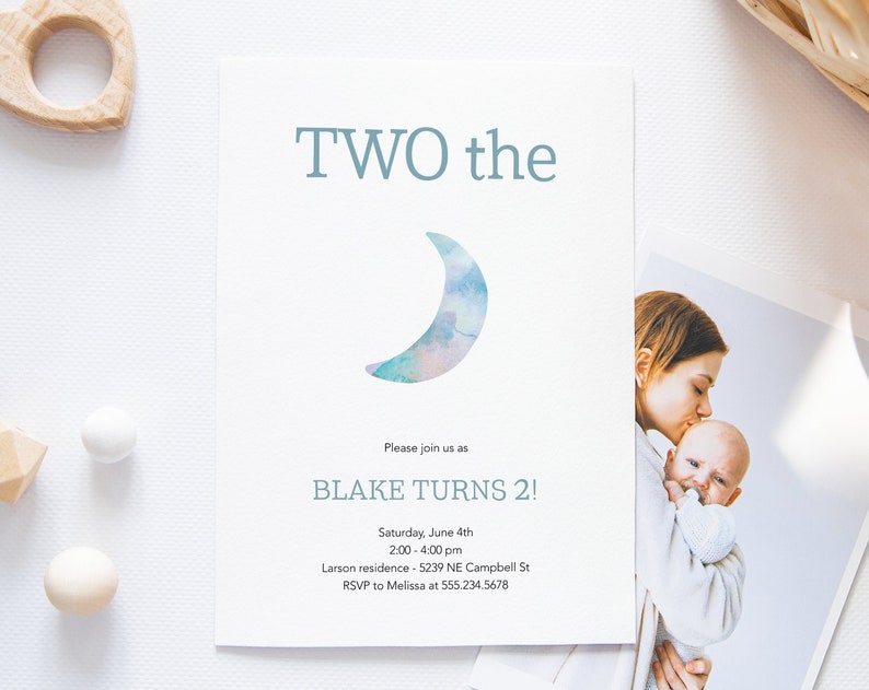 Two The Moon birthday invitation for 2 year old Printable birthday party invitation digital download Outer space theme