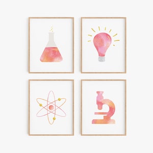 Decoración científica para aula, carteles de química, arte de pared de vaso de microscopio, decoraciones de la clase de ciencias rosas, signos de las mujeres en la profesora de ciencias