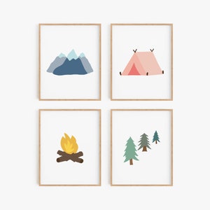 Kids camping art, Nature posters, Camping nursery print set, Cabin decor, Camp themed little girl room decor, Digital download printable art
