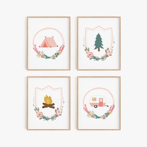 Camping art for girl&#39;s bedroom, Toddler girl room wall decor, Pink nursery pictures travel themed, Kids camp art prints, Woodland nursery