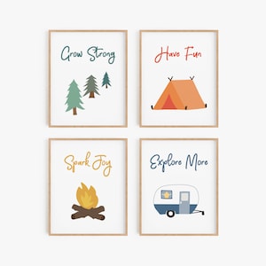 Camping nursery decor, Camp themed kids bedroom wall art, Camping pictures, Nursery art boy, Mountain theme room, Blue orange yellow green