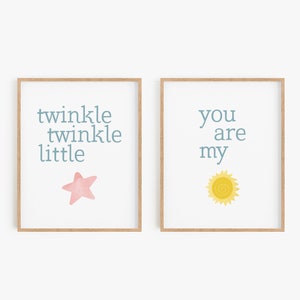 Baby girl nursery art set, Printable nursery decor, Nursery rhyme art prints, Baby shower gift for girl, Set of 2 nursery posters, Star sun
