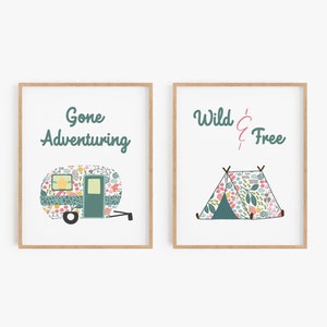 Camping decorations, Tent and vintage camper decor, Printable art for camping theme nursery or playroom, Adventure girls bedroom wall art