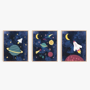 Outer space wall art, Solar system print set, Galaxy posters for childs room, Space theme birthday party decor, Rocket space shuttle picture