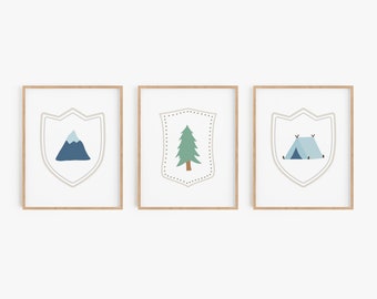 Camping themed kids room decor, Mountains forest and tent art print set, Boy's bedroom camping posters, Nature nursery wall art digital