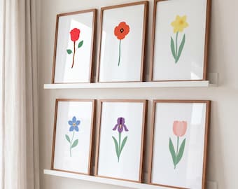 Floral Nursery Wall Art - Set of 6 Prints Framed or Unframed - Wildflower theme nursery decor - Rose, Poppy, Daffodil, Iris, Tulip Pictures