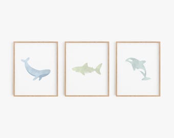 Watercolor Whale and Shark Art Prints - Set of 3 - Choose Framed or Unframed Wall Art