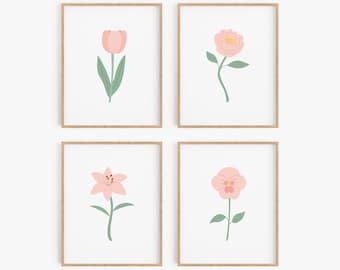 Pink Floral Wall Art Set - Light Pink Nursery Decor for Baby Girl - Tulip, Pansy, Peony and Lily Art Prints