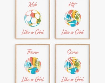 Girls Sports Wall Art - Set of 4 Prints - Choose Framed or Unframed