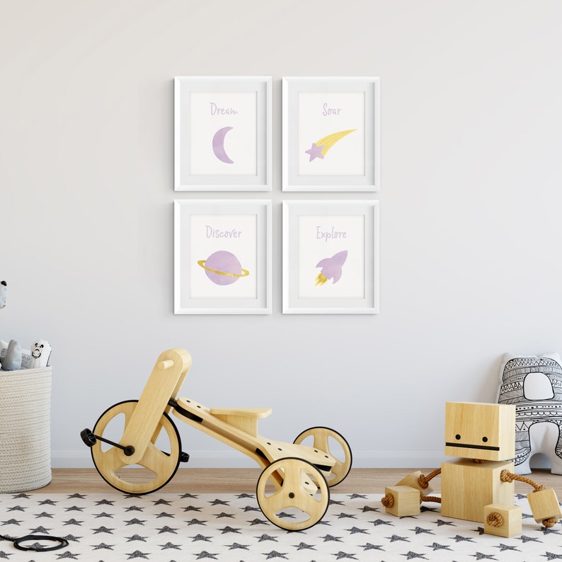 Outer space nursery Purple nursery decor Girl space art Space themed girls room Moon star planet rocket posters Empowering art for kids
