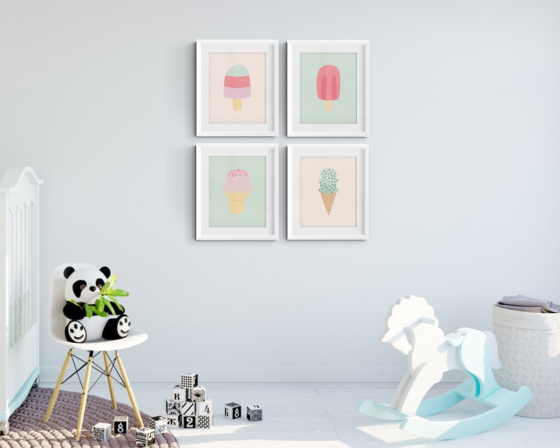 Ice cream poster, Popsicle art print, Mint green and blush pink baby girl nursery decor, Danish pastel wall art, Summer party printable image 5