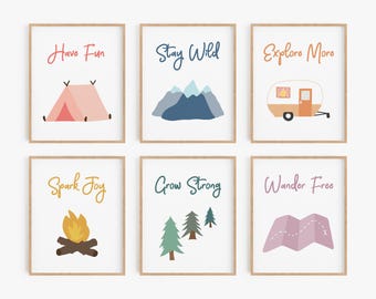 Camping nursery art - Girls adventure theme wall decor - Set of 6 children's art prints - Tent, trailer, mountains, map, trees and campfire