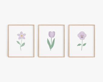 Lavender Nursery Wall Art - Floral Themed Nursery Decor for Baby Girl - Flower Art Prints of Tulip, Pansy and Forget-Me-Not
