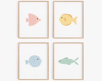 Fish Wall Art - Set of 4 - Colorful Tropical Fish Artwork - Choose Framed or Unframed Prints