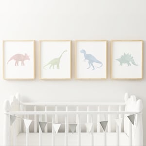 Gender neutral nursery wall art, Watercolor dinosaur prints, Playroom decorations, Colorful children's art, Pastel kids room gallery wall
