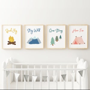 Camping themed nursery decor, Adventure nursery art gallery wall set, Nature theme nursery girl, Mountain nursery unisex, Playroom prints