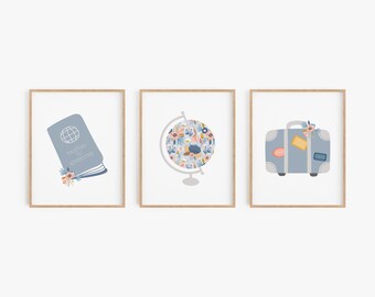 Travel Wall Art - Set of 3 Prints - Globe, Passport and Suitcase - Choose Framed or Unframed