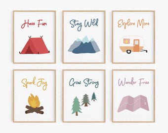 Camping Wall Art - Set of 6 Prints for Child's Room - Tent, Trailer, Mountains, Campfire, Forest, and Map Artwork