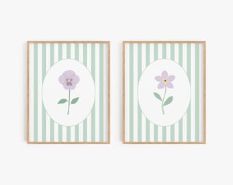 Striped Wall Art with Flowers - Set of 2 Prints for Nursery, Childrens Bedroom or Bathroom