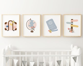 Travel themed nursery decor girl, Playroom prints, Travel decor pastel girl's room, Toddler bedroom wall art, Travel baby shower decorations