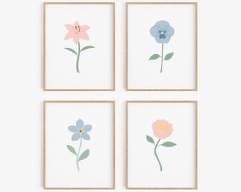 Pink and Blue Nursery Wall Art - Floral Baby Room Decor - Lily, Pansy, Forget-Me-Not, and Peony Print Set