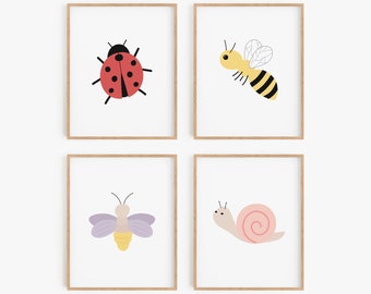 Cute bug nursery print set, Bumble bee wall art, Ladybug baby room decor girl, Garden art prints, Kids playroom posters, Digital downloads
