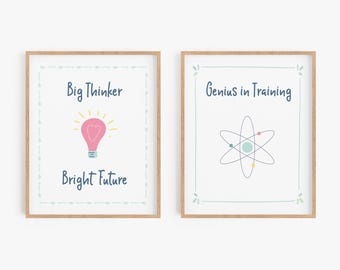 Science Artwork For Kids - Set of 2 Prints - Genius in Training - Big Thinker Bright Future - Framed Wall Art or Unframed Art