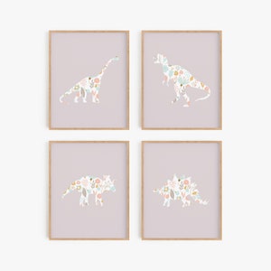 Dinosaur prints for girls, Floral dinosaurs printable art, Purple dinosaur art prints, Lavender dinosaurs for girls room decor, Girly dinos
