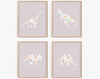 Dinosaur prints for girls, Floral dinosaurs printable art, Purple dinosaur art prints, Lavender dinosaurs for girls room decor, Girly dinos