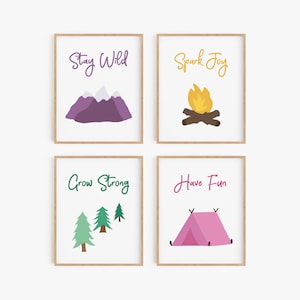 Camping themed art for kids, Bright nursery decor, Girls bedroom artwork, Mountains Trees Tent Campfire Forest art prints