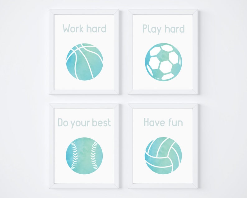 Printable Sports Decor Volleyball Softball Soccer Basketball Poster Set Turquoise Wall Art Gift For Athlete Birthday Party Decorations