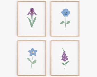 Blue and Purple Floral Art Print Set - Iris, Pansy, Forget-Me-Not and Foxglove Wall Art